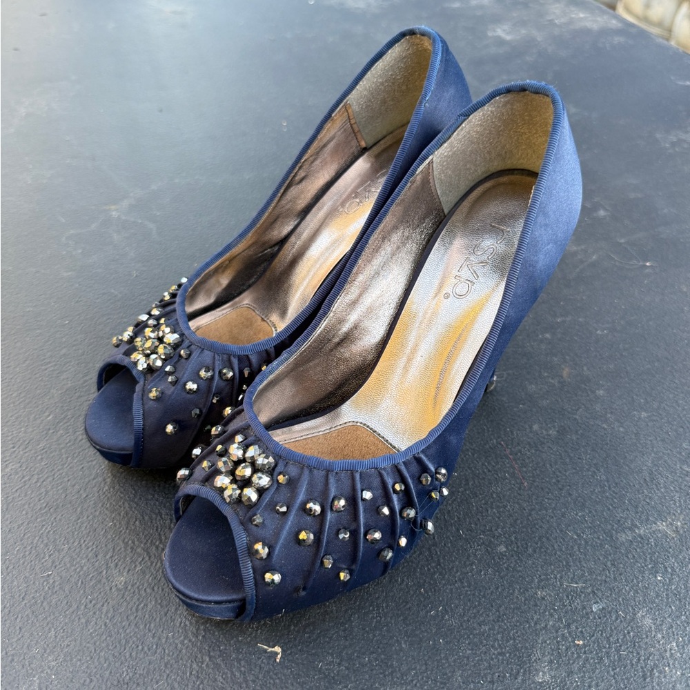 RSVP Navy Embellished Peep-Toe Heels